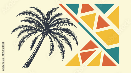 Awesome summer vibes. A trendy poster featuring a palm tree and geometric design. Vector art.