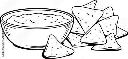 Illustration of a bowl of dip with a pile of tortilla chips beside it