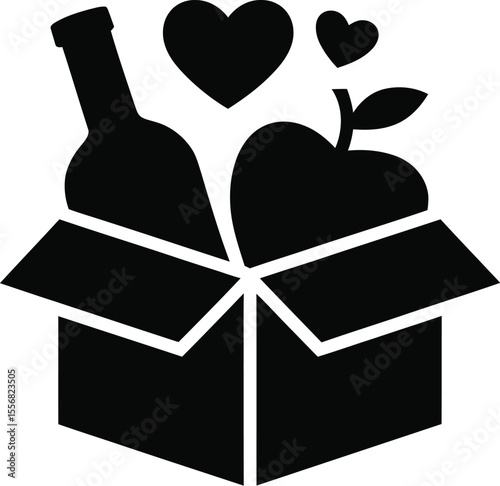 Black silhouette of a box with wine bottle apple and hearts above it