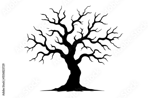 Silhouette of a bare tree with twisted branches on transparent background