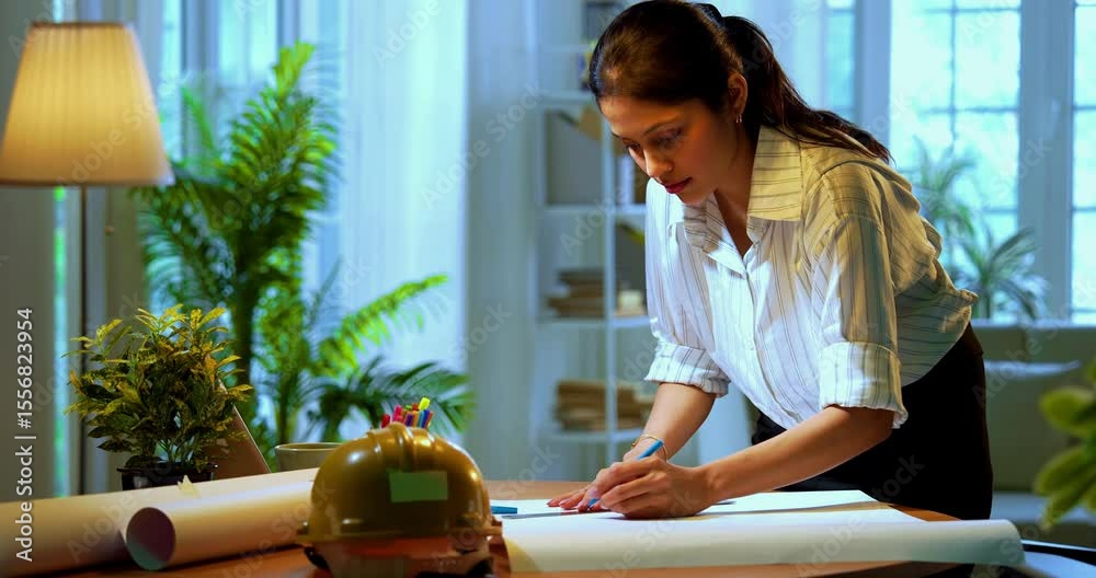 Indian female architect drafting drawing at desk in cozy modern office, Asian woman employee standing and manually sketching architectural plan using scale and pencil on paper with focused expression