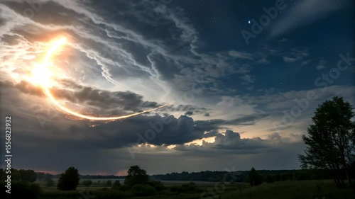 Meteor Streak Night Sky Cloudy Landscape Fiery Glow Atmosphere