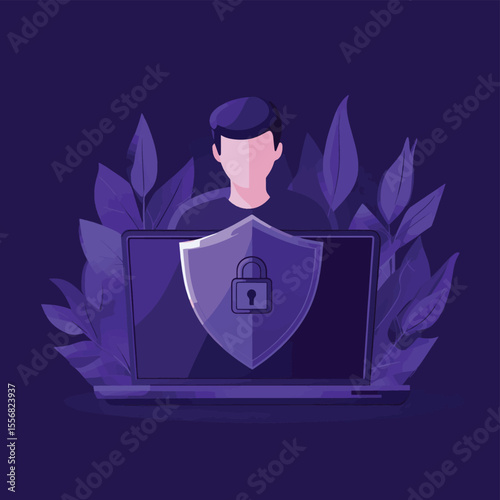 A man before laptop with shield and lock on the screen