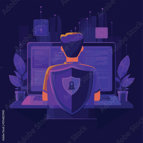 A man before laptop with shield and lock on the screen