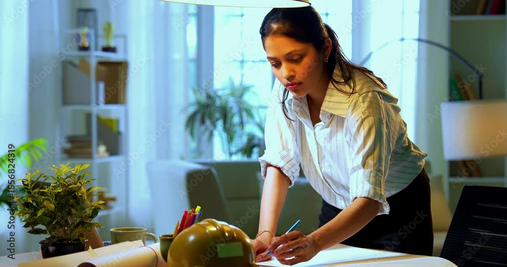 Indian female architect drafting drawing at desk in cozy modern office, Asian woman employee standing and manually sketching architectural plan using scale and pencil on paper with focused expression