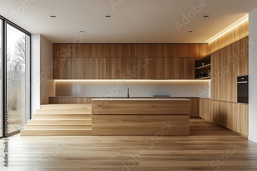 Modern kitchen interior with wooden cabinets island and flooring large window and recessed lighting