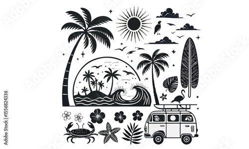A tropical beach and surf themed vector