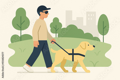 Person with Guide Dog Walking in Urban Green Space Minimalist Accessible Illustration