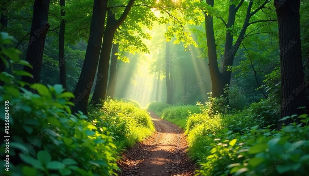 Obraz premium Sun-Dappled Forest Path A Magical Journey Through Lush Green Foliage, perfect for travel, nature, and environmental projects.