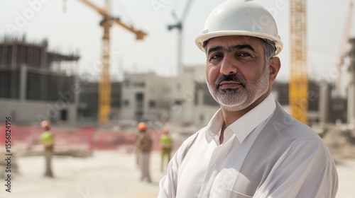 This image features a middle-aged Middle Eastern man wearing a hard hat, confidently posing at a bustling construction site, with cranes and workers in the background.