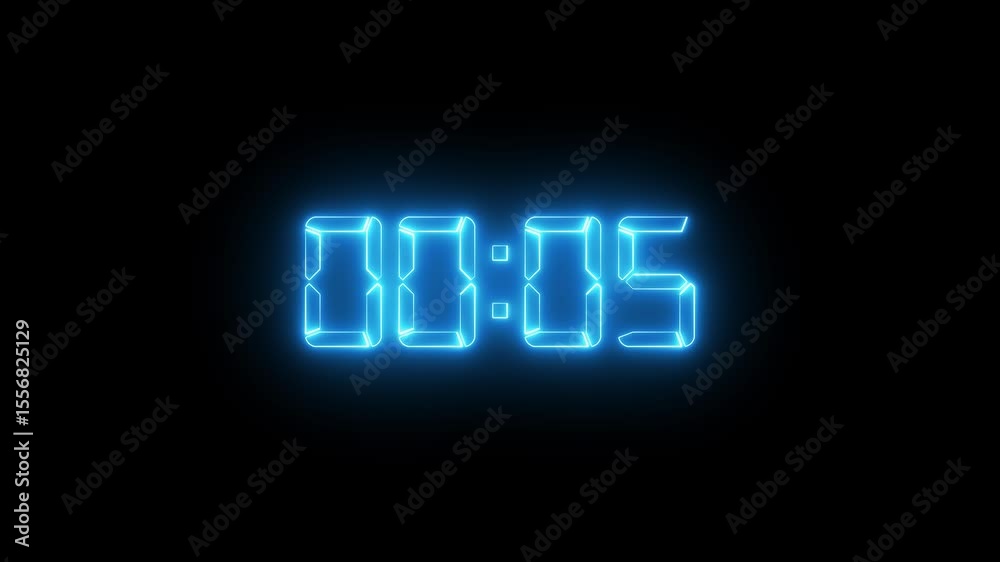Neon 0 to 10 Second Timer Animation, Digital Stopwatch Countdown on Black Background