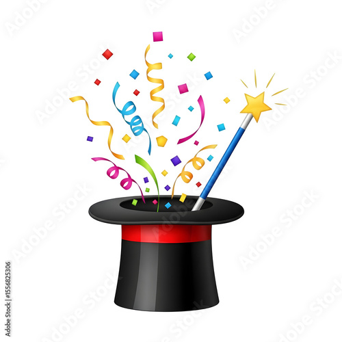 A whimsical wizard's hat releasing colorful confetti and streamers with a magic wand creates a celebratory and festive feeling, perfect for event promotions, transparent background