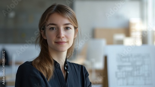 Free Download A young European female architect poses confidently in a modern workspace, showcasing her professionalism and creativity in design and architecture. - GFXLoad