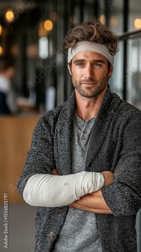 An illustration shows a young man who has been hurt in an accident, standing in an office with his head wrapped and his arm in a plaster cast