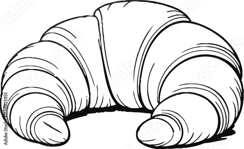 A grayscale drawing of a croissant on a white cloth covered surface