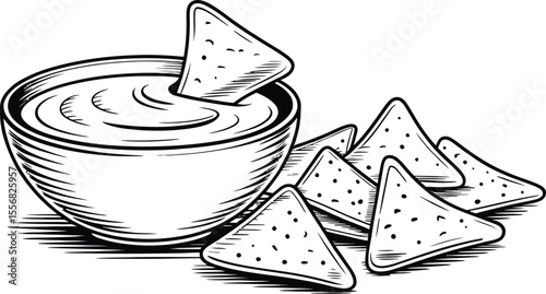 Illustration of a bowl of dip with tortilla chips on a white background