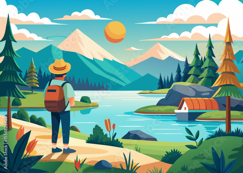 A tourist watches a calm lake on a sunny day vector illustration
