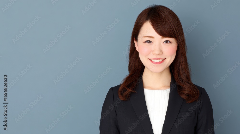 A young woman with a bright smile wearing a black blazer and white blouse stands against a plain gray background. A young woman with a bright smile wearing a black blazer and white blouse stands against a plain gray background.