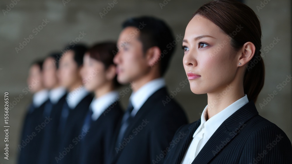 A focused businesswoman stands confidently in front of a blurred line of professional colleagues, symbolizing leadership and teamwork in a corporate setting. A focused businesswoman stands confidently in front of a blurred line of professional colleagues, symbolizing leadership and teamwork in a corporate setting.
