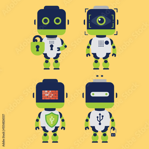 set minimalist geometric flat vector design of mini data security robots