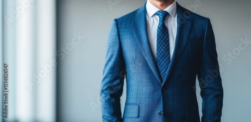 Man in a blue checkered suit and tie, dressed formally from neck to waist, standing against a light gray background.