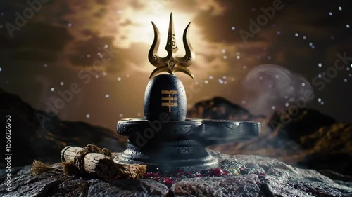 Detailed Video of a Golden Trishul and Shiva Lingam with Dramatic Lighting