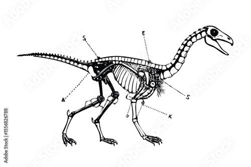 Raptor Skeleton Anatomy Blueprint in Stipple Ink Style. Labeled Dinosaur Bone Structure Diagram. Vintage Paleontology Engraving