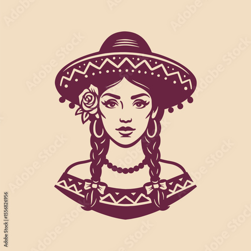 Beautiful young maxican woman in traditional clothing. Retro vector illustration suitable as a logo, for textile printing or advertising of all kinds.