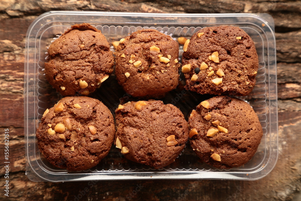Fototapeta premium chocolate chip cop cake, muffins, top view, healthy diet foods.