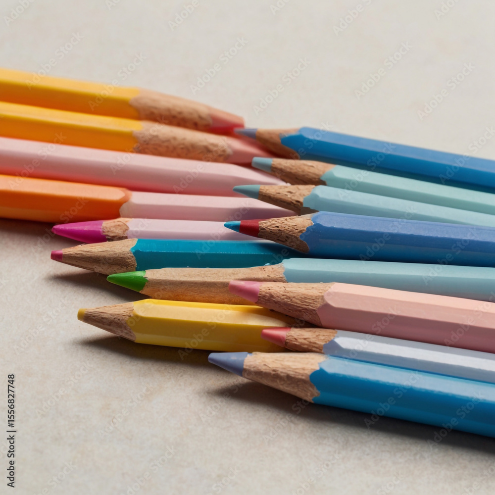 Fototapeta premium Pastel colored pencils arranged in a row on a neutral surface