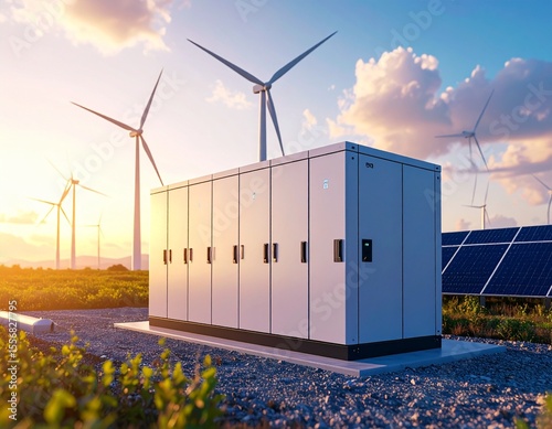 battery energy storage systems at a wind farm at sunset realistic