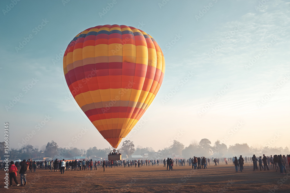 Obraz premium Hot air balloon launching from a field, crowd watching from a distance, clear sky with generous