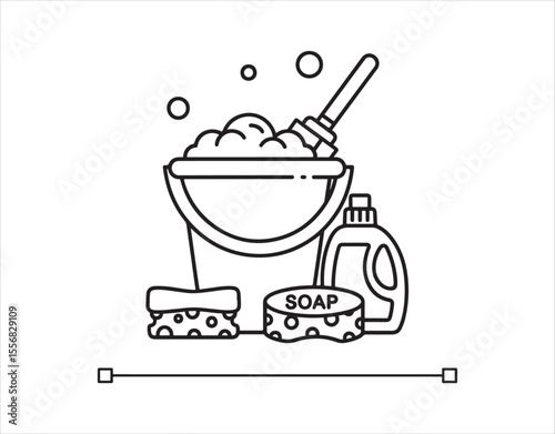 Cleaning Bucket Line icon, Sketch Design, Pixel perfect, Editable stroke.
Cleaner, Sponge, Detergent, Soap