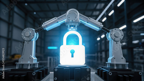 OT security defense. Two robotic arms hold a glowing padlock symbolizing cybersecurity and protection in a high-tech industrial environment.