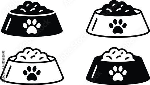 Four bowls of pet food with paw prints in black and white illustration