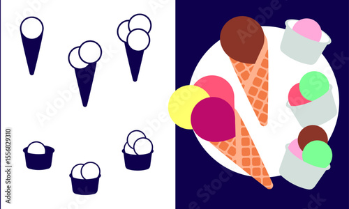 Ice cream vector set - cones and cups in flat style