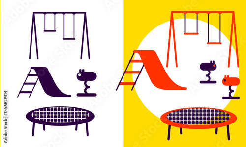 Playground elements - slides, swings and trampoline in vector style