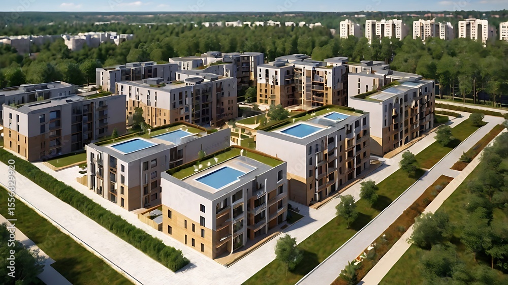 Fototapeta premium Construction phase terrace housing project in city, 3D visualization