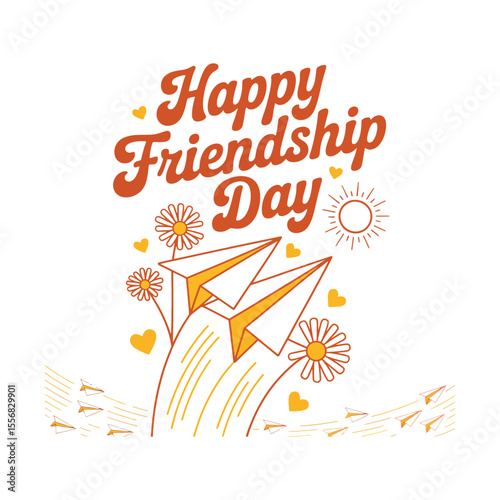 Happy friendship day with paper planes and flowers vector
