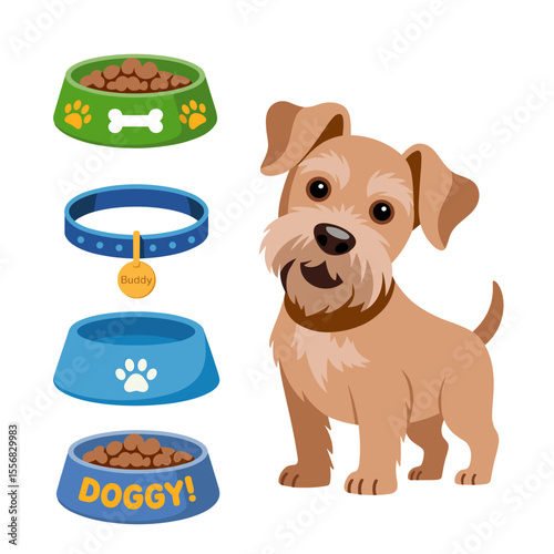 Cartoon Puppy with Food Bowls and Collar: A Complete Set of Pet Supplies for Canine Care and Play