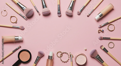 Elegant Makeup Brushes and Accessories Flatlay on Pink Background