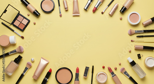 Makeup Products Frame Flatlay of Cosmetics and Beauty Tools