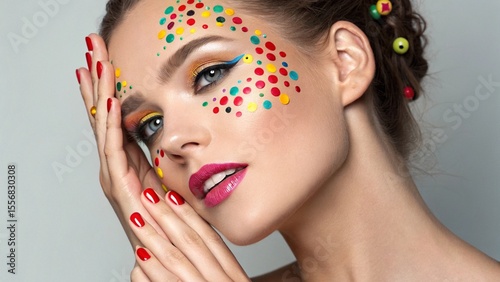 Closeup Portrait of a Woman with Colorful Polka Dot Makeup,  Creative makeup look with polka dots and glossy red lips