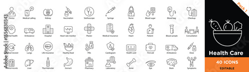 Set of 40 line style health care icons such as heart rate, thermometer, medical records, wheelchair, and DNA helix.