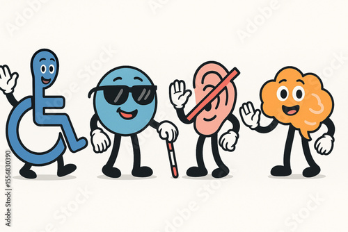 Accessibility Icons as Friendly Cartoon Characters Mobility Vision Hearing Cognitive Illustration