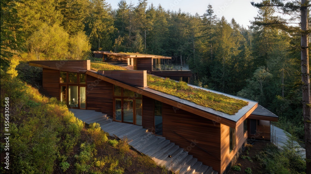 Fototapeta premium A contemporary hillside home with cedar siding tiered green roofs descending a forested ridge side-lit in golden hour