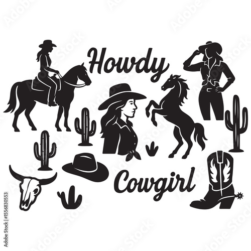 Western vector graphic set featuring cowgirls, horses, cacti, skulls, hats, boots, and "Howdy" & "Cowgirl" typography. 
Perfect for stickers, t-shirt designs vector silhouette