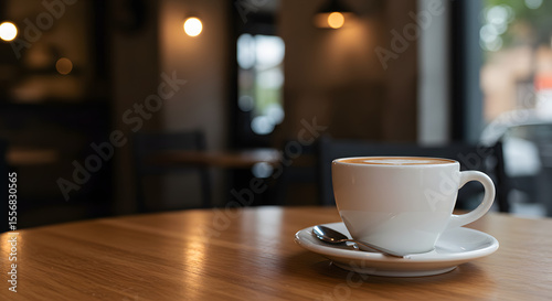 Cozy Coffee Shop Atmosphere A Single Cup of Latte on a Wooden Table