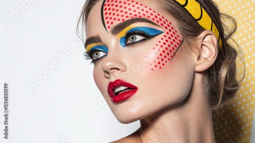Closeup Portrait of a Woman with Colorful Polka Dot Makeup,  Creative makeup look with polka dots and glossy red lips
