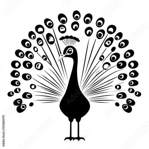 Black and white minimalist vector illustration of peacock with detailed open tail feathers and crown isolated on white background